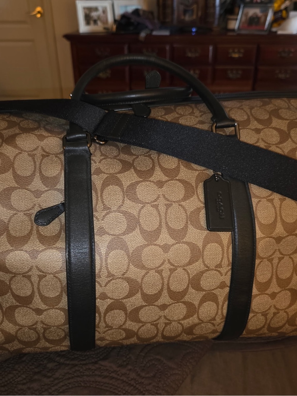 Coach Khaki Signature Canvas Duffel with Black Trim